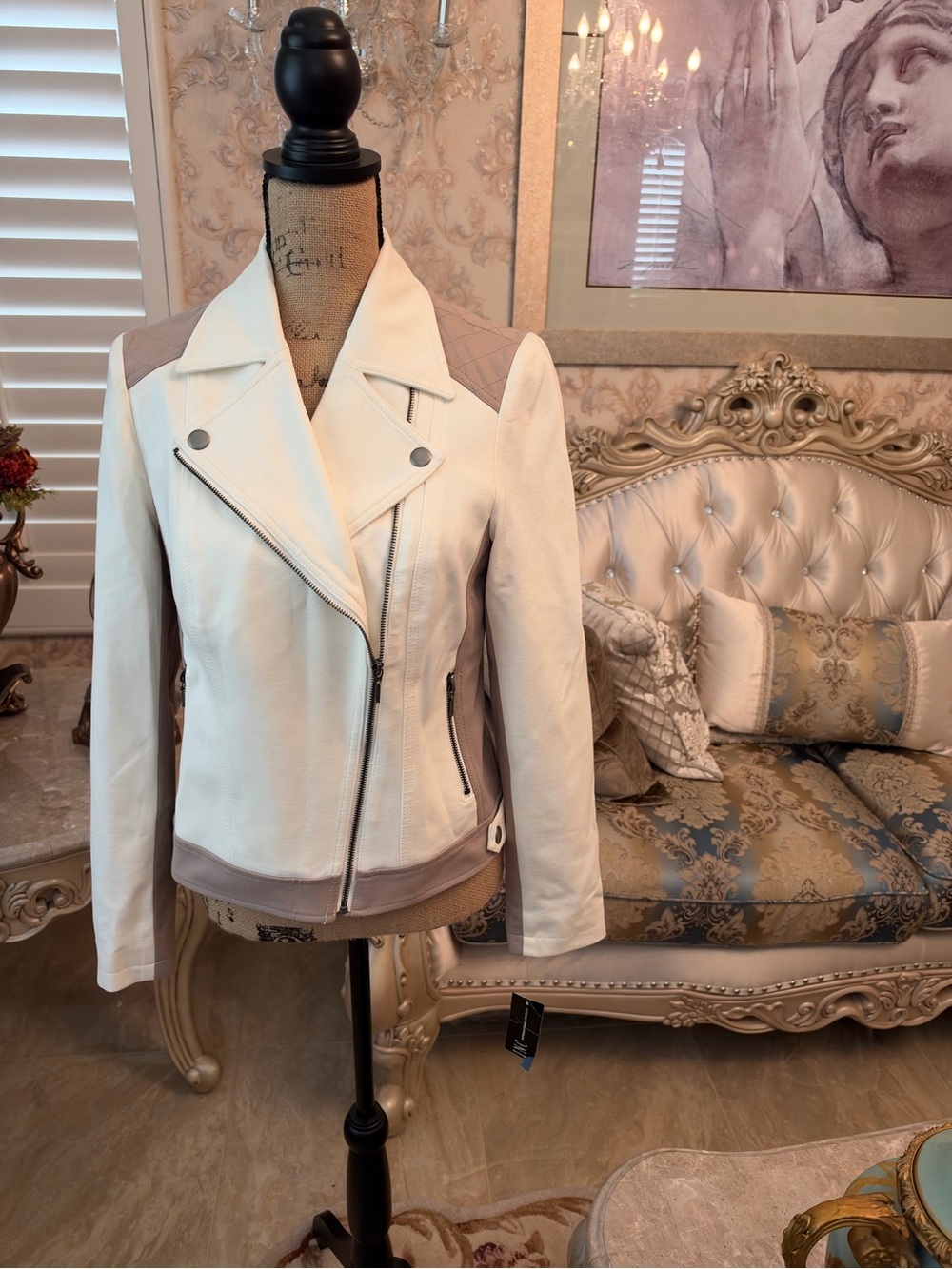 NEW—INC International Concepts Off-White&Taupe Leather Asymmetric Moto Jacket - Picture 3 of 10